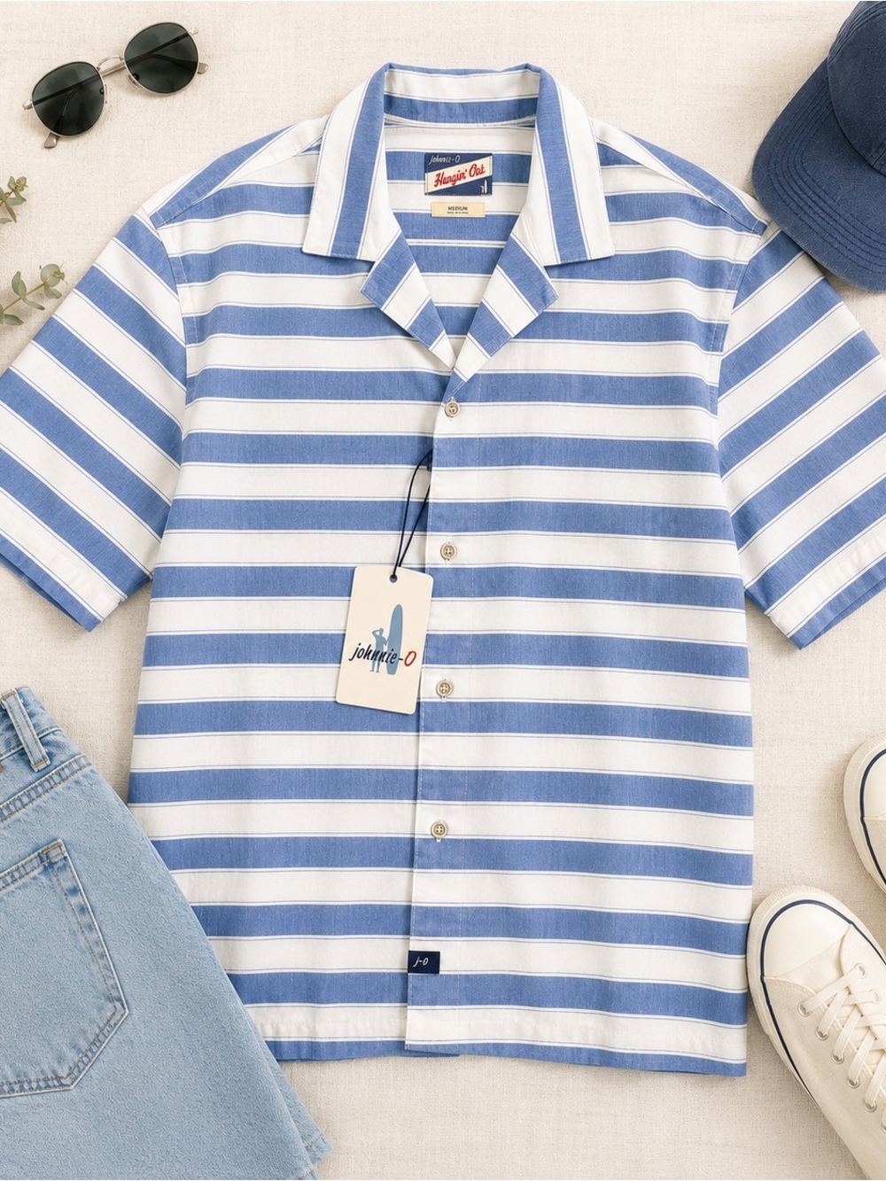Johnnie-O Hangin’ Out Laguna Blue Striped Camp Shirt NWT Medium